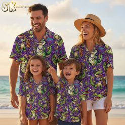 Purple Hawaiian shirt for men showing cartoon alligators in party costumes with beads and celebratory accessories