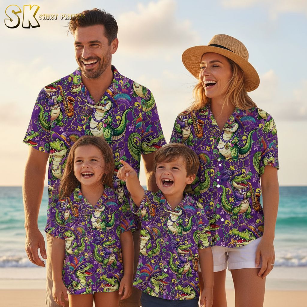 Purple Hawaiian shirt for men showing cartoon alligators in party costumes with beads and celebratory accessories