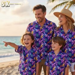 Purple Hawaiian shirts for men displaying vibrant tropical print with multiple flower varieties and leaf patterns