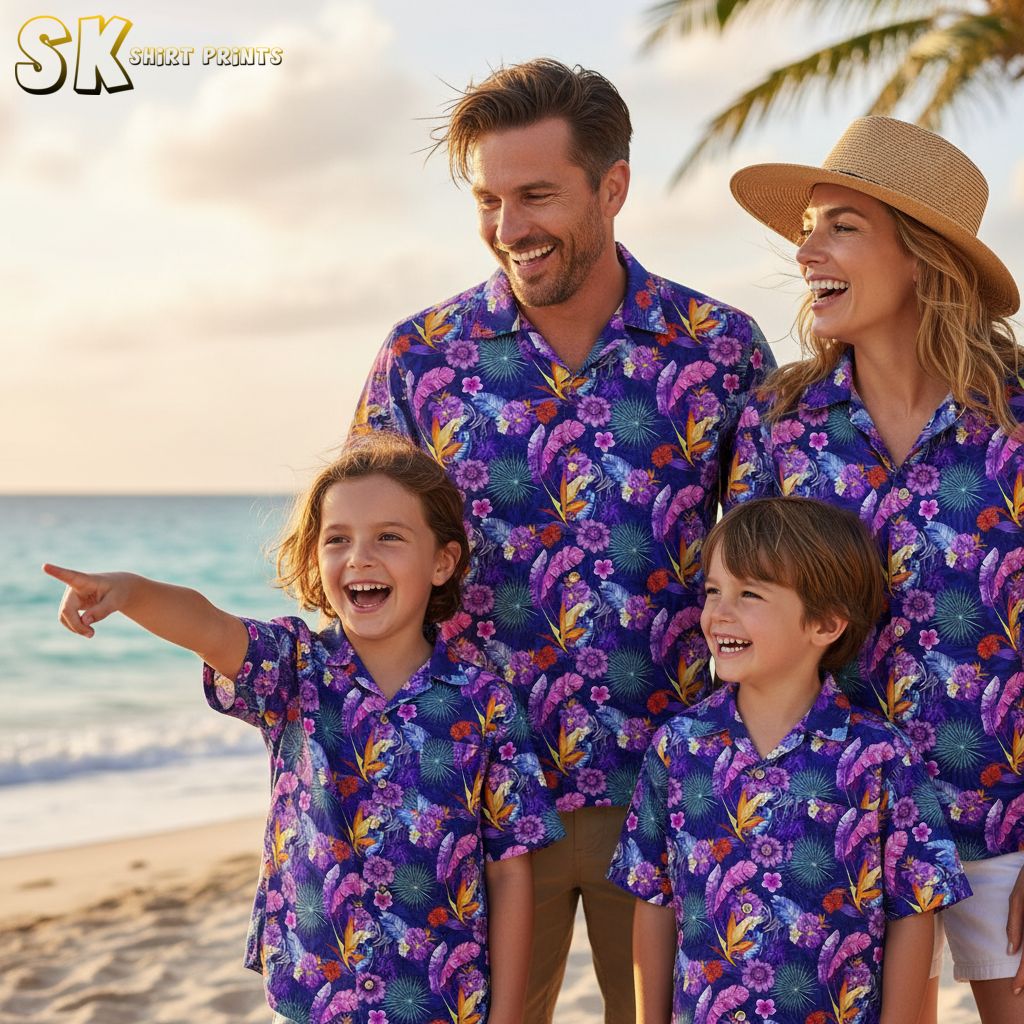 Purple Hawaiian shirts for men displaying vibrant tropical print with multiple flower varieties and leaf patterns