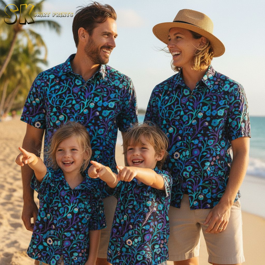 Purple tropical shirt featuring colorful birds among flowers and tropical foliage