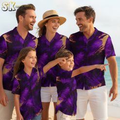Purple tropical shirt displaying dynamic abstract pattern with tie-dye effects and colorful splashes across the fabric