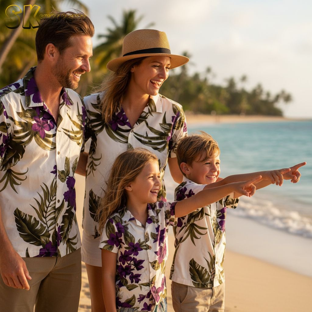 Purple tropical shirt with floral and leaf pattern featuring deep purple flowers and green tropical foliage