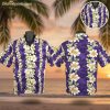 Purple tropical shirt featuring white and yellow hibiscus flowers with green leaves in vertical chain pattern