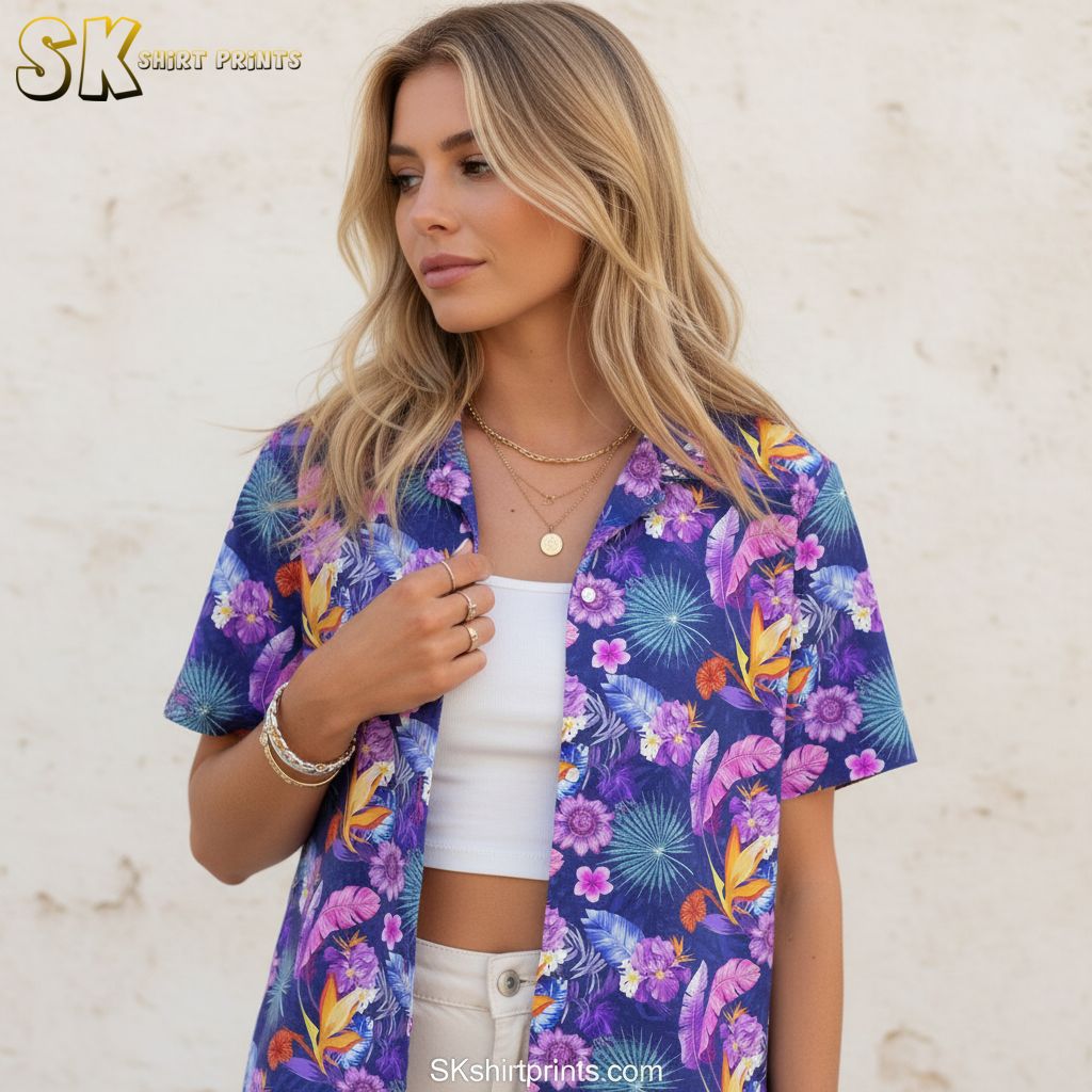 Purple tropical shirt showing tropical leaves in purple and blue with colorful flower accents
