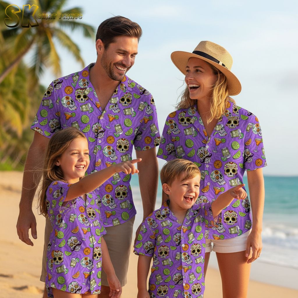 Purple tropical shirt featuring margarita glasses, lime and orange slices, with decorative skull artwork