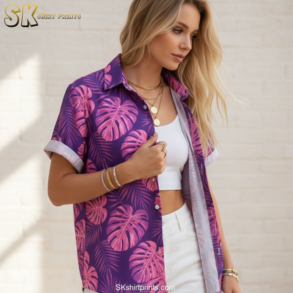 Purple tropical shirt showcasing pink monstera leaves with tropical fern leaf details