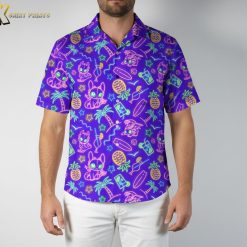 Purple tropical shirt displaying bright neon colors with tropical motifs and playful cartoon elements