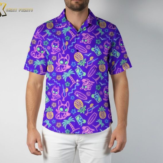 Purple tropical shirt displaying bright neon colors with tropical motifs and playful cartoon elements