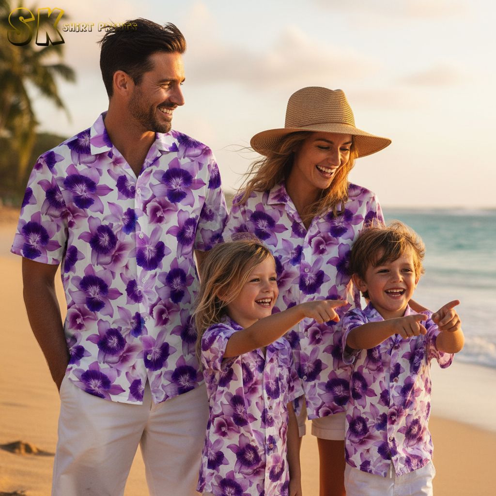 Purple tropical shirt featuring overlapping purple blooms in tropical pattern