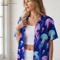 Purple tropical shirt displaying jellyfish sea life pattern with colorful pink, blue and green details