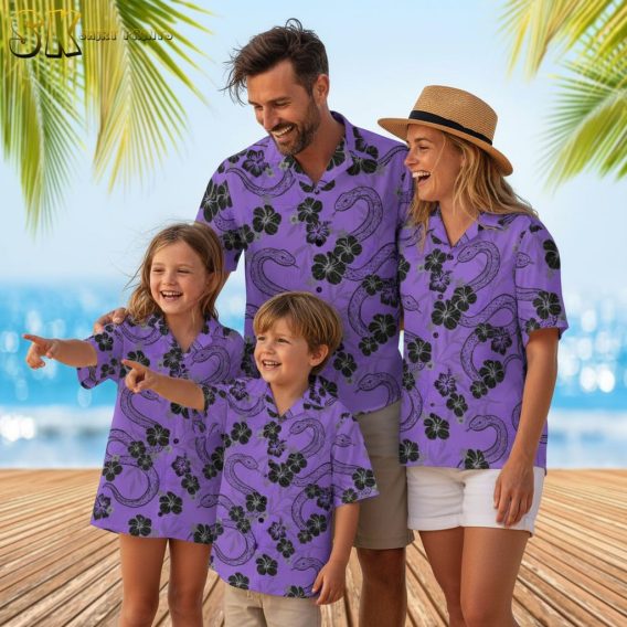 Purple tropical shirt with black snakes winding through hibiscus flowers and tropical leaves