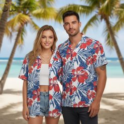 Purple and white Hawaiian shirt with tropical flower pattern and palm leaf accents