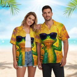 Quirky aloha shirt design showing green frog making peace gesture with tropical drink against palm tree background