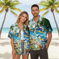 Quirky beach Hawaiian shirt displaying surfing skeletons, cheerful sharks and vintage van tropical scene