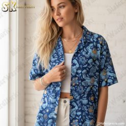 Size chart and specifications for quirky Hawaiian shirt with muscle character design