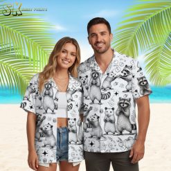 Quirky tropical shirt displaying woodland raccoons and opossums with fall decorative elements