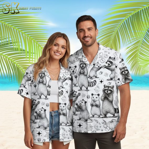 Quirky tropical shirt displaying woodland raccoons and opossums with fall decorative elements