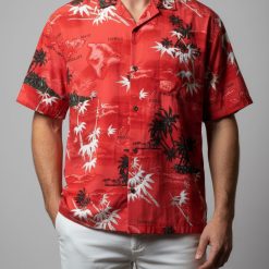 Ragstock hawaiian shirts with tropical island print featuring palm trees and Hawaiian island names
