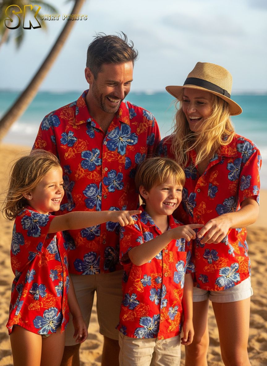 Red and blue Hawaiian shirt styled for casual wear showing hibiscus floral print and vibrant colors