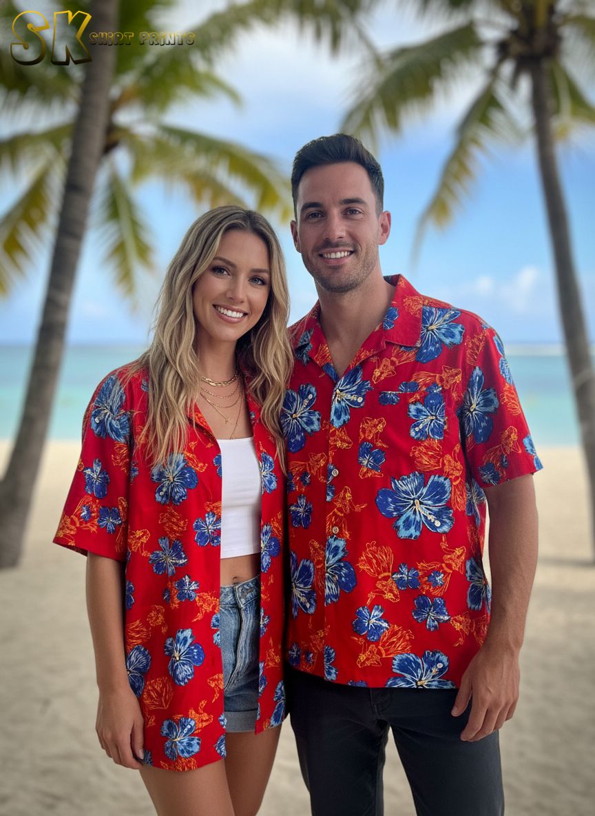 Close-up view of red and blue Hawaiian shirt showing detailed hibiscus flower pattern with white highlights