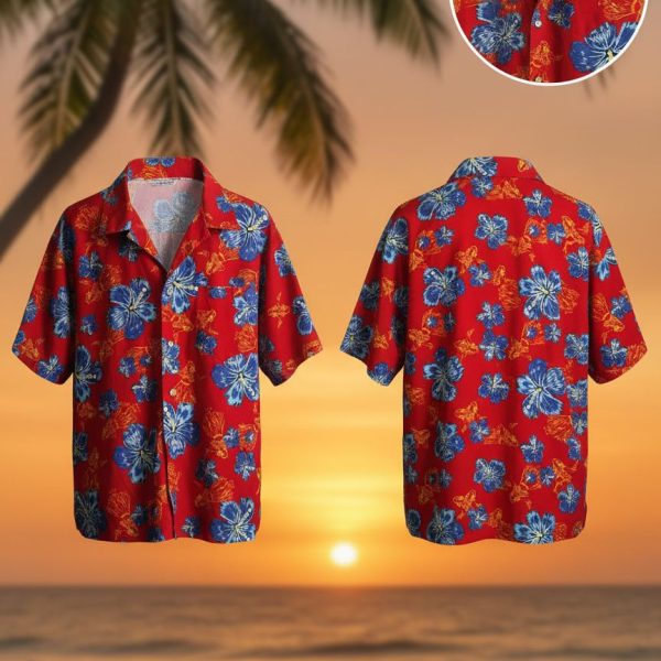 Red and Blue Hawaiian Shirt with Hibiscus Floral Print - Tropical Button Down