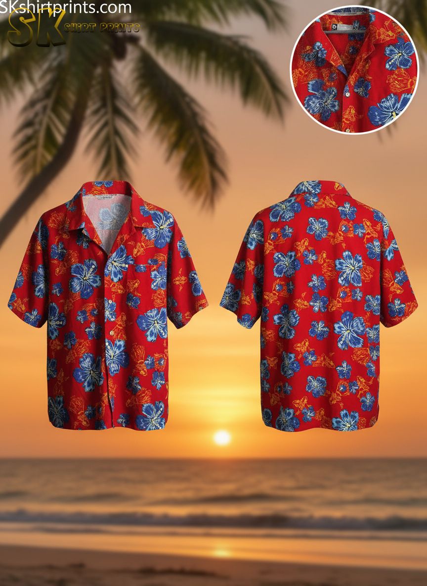 Red and blue Hawaiian shirt featuring large blue hibiscus flowers with white accents and red floral clusters on vibrant red background