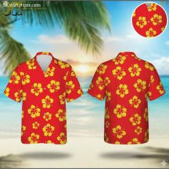 Red and yellow Hawaiian shirt featuring large yellow hibiscus flowers with red centers on bright red background