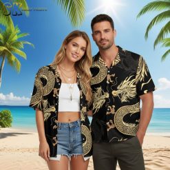 Red dragon Hawaiian shirt with fantasy dragon motifs, casual button-down design