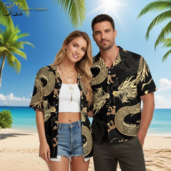 Red dragon Hawaiian shirt with fantasy dragon motifs, casual button-down design