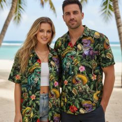 Red dragon Hawaiian shirt showcasing dinosaur dragons in colorful sombreros with tacos and tropical hibiscus patterns