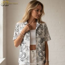 Red dragon Hawaiian shirt specifications showing detailed dragon print design and fabric quality