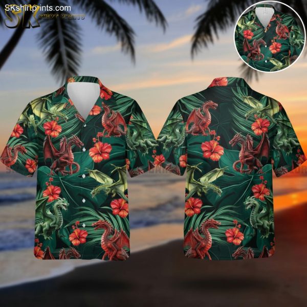 Red Dragon Hawaiian Shirt with Hibiscus Flowers - Tropical Button Up Aloha Shirt