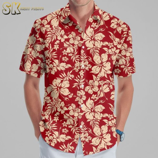 Red Floral Hawaiian Shirt - Cream Hibiscus Print on Bold Red Background