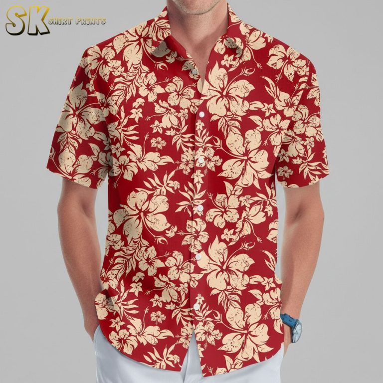 Red Floral Hawaiian Shirt – Cream Hibiscus Print on Bold Red Background