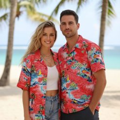 Red Hawaiian print shirt worn outdoors showcasing tropical palm tree and sailboat design