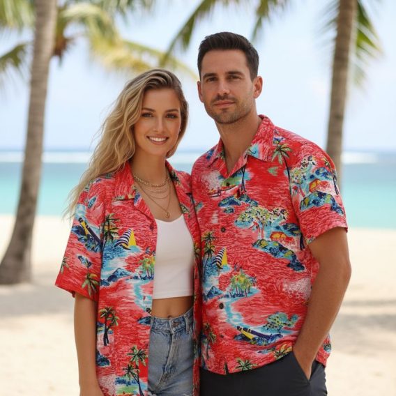Red Hawaiian print shirt worn outdoors showcasing tropical palm tree and sailboat design