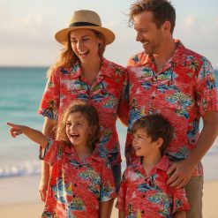 Complete collection of red Hawaiian shirts showing multiple color variations and tropical print options