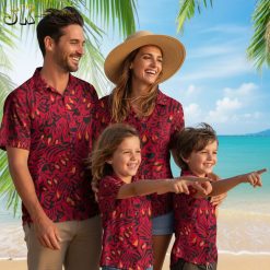 Red hawaiian shirt collection showing multiple black red color variations with abstract flame patterns