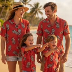 Red Hawaiian shirt in Magnum PI style with repeating pineapple print