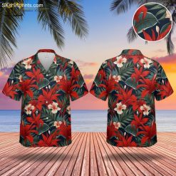 Red Hawaiian shirt featuring vibrant red hibiscus flowers and green leaves on dark background worn in casual lifestyle setting