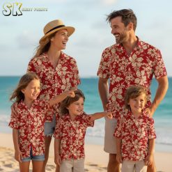 Red Hawaiian shirt with white flowers collection showing all available color variations and styles