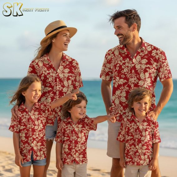 Red Hawaiian shirt with white flowers collection showing all available color variations and styles
