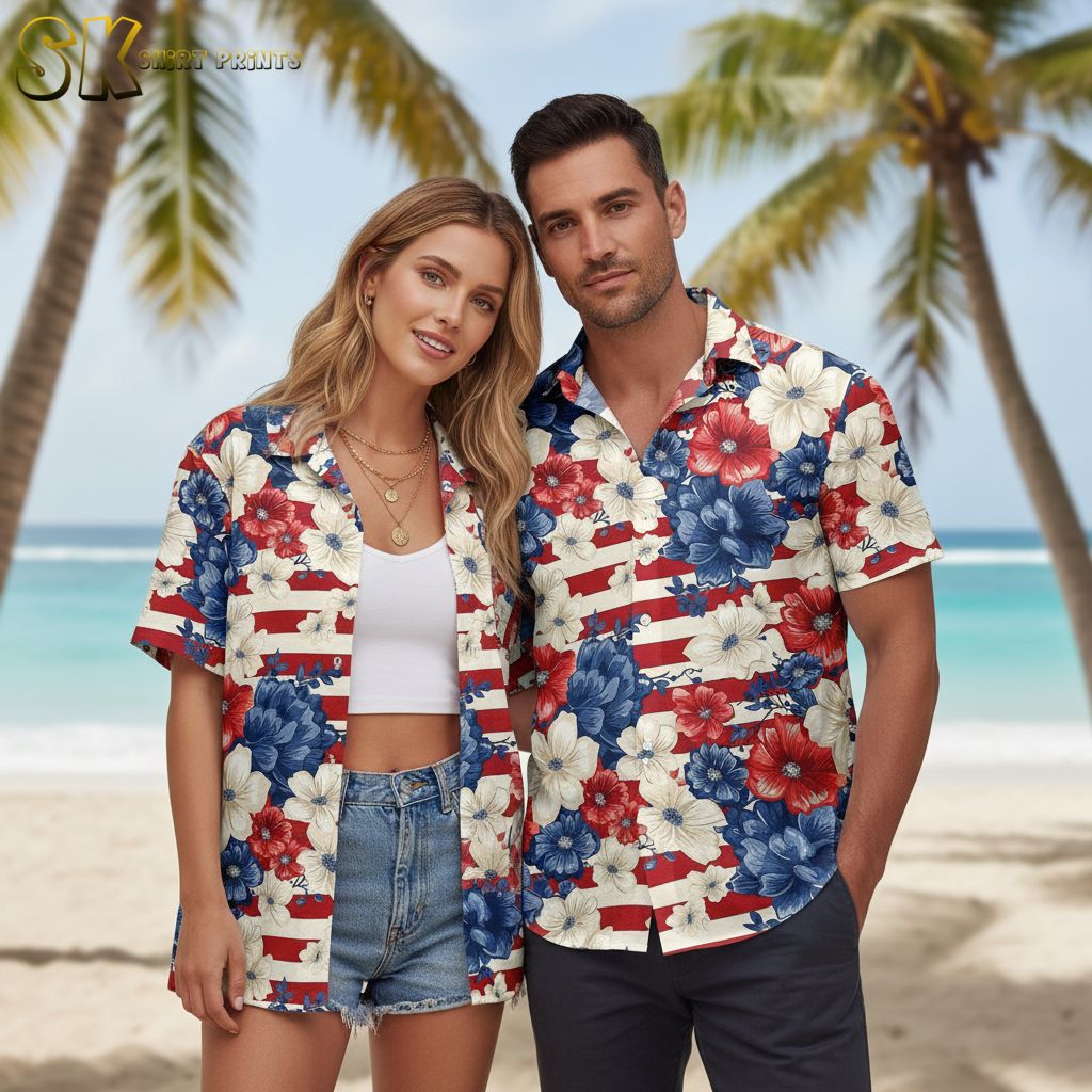 Red Hawaiian shirt for women with American flag inspired floral design and striped pattern