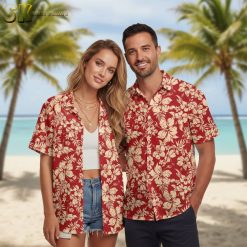 Red hibiscus Hawaiian shirt worn outdoors showcasing tropical vacation style and comfort