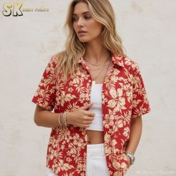 Red hibiscus shirt size chart and specifications showing measurements and fit details