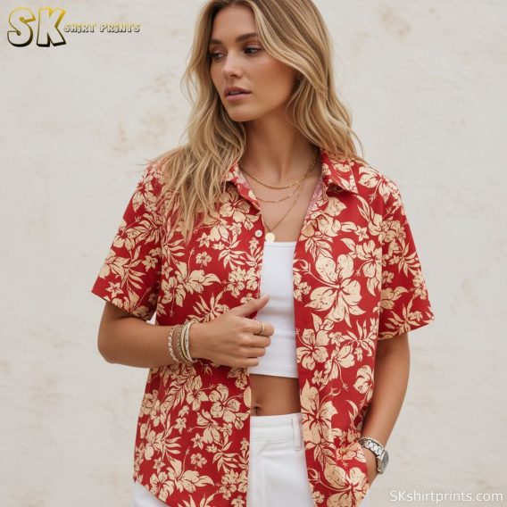 Red hibiscus shirt size chart and specifications showing measurements and fit details