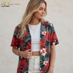 Red mens Hawaiian shirt size chart and specifications showing measurements and product details