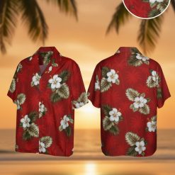 Red Notice Hawaiian shirt featuring large white hibiscus flowers with yellow stamens and green tropical leaves on red background