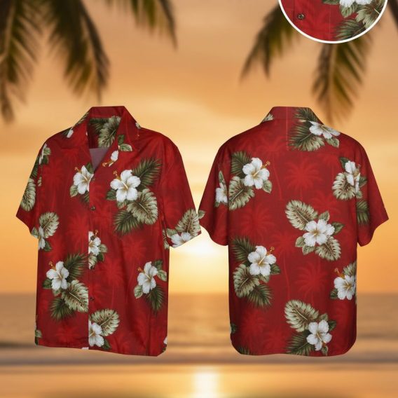 Red Notice Hawaiian shirt featuring large white hibiscus flowers with yellow stamens and green tropical leaves on red background
